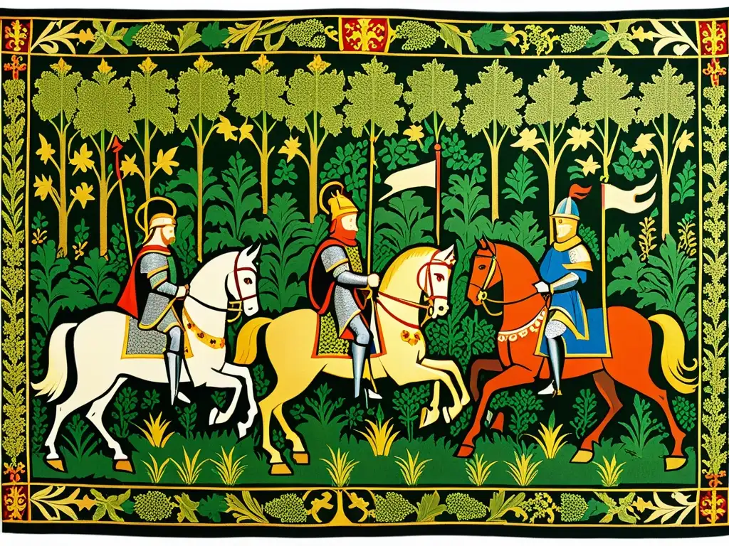 Imagen de un tapiz medieval que muestra caballeros en armadura brillante, montando majestuosos caballos en un bosque verde exuberante