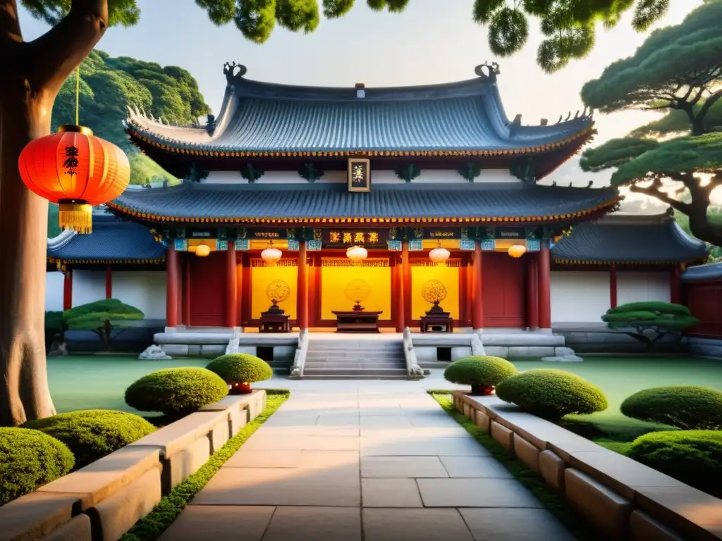 Imagen de un templo confuciano tradicional, con arquitectura ornamental y jardines exuberantes