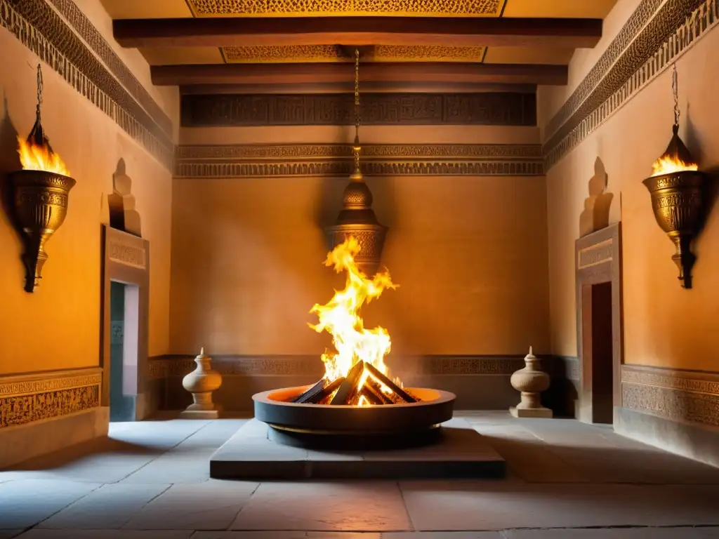 Imagen del templo del fuego zoroastriano con llamas sagradas, simbolizando el fuego en el Zoroastrismo
