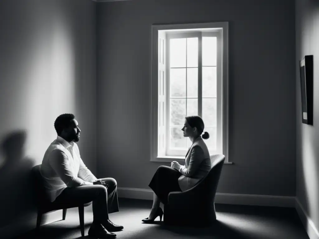 Imagen de terapia existencial en enfoque humanístico, con paciente y terapeuta en una habitación serena y contemplativa