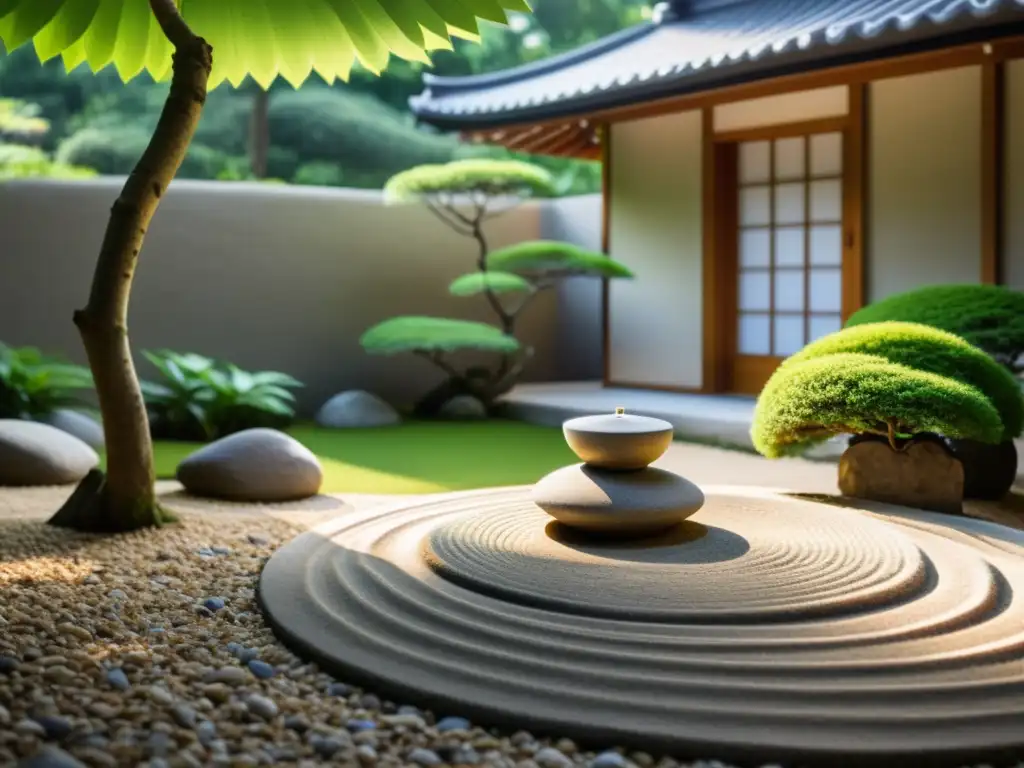 Imagen de un tranquilo jardín Zen con grava, rocas, vegetación exuberante y una linterna de piedra