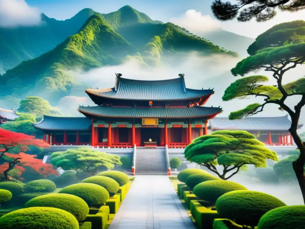 Imagen de un tranquilo templo confuciano en un entorno verde, con detalles arquitectónicos y acentos rojos