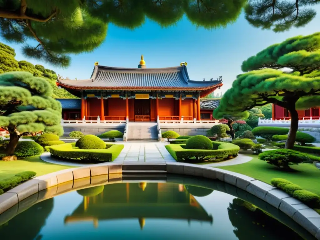 Imagen de un tranquilo templo confuciano rodeado de exuberante vegetación y jardines serenos, evocando sabiduría y tradición atemporal