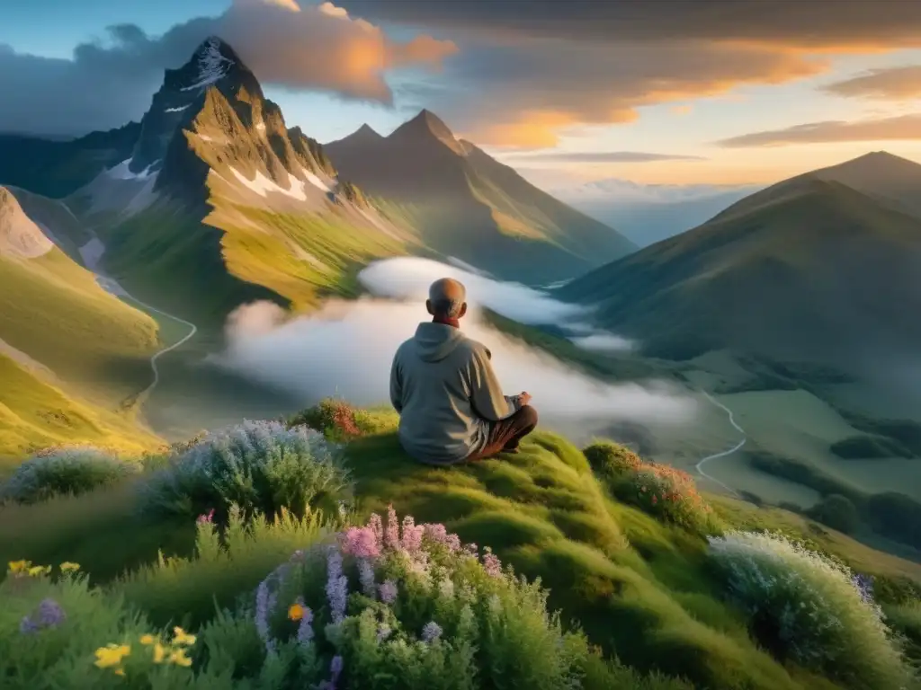 Imagen de meditación trascendental en la cima de una montaña al amanecer, rodeada de tranquilidad y conexión espiritual