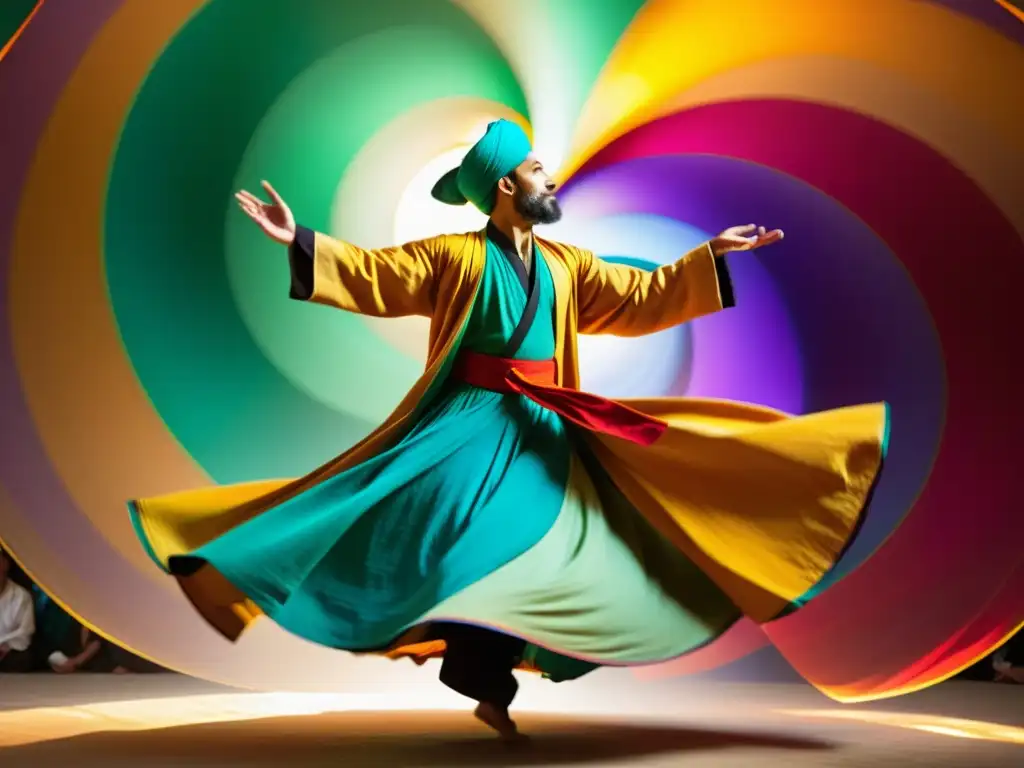 Imagen vibrante de un derviche sufí girando en trance, envuelto en coloridos y fluidos ropajes, capturando el amor divino en el Sufismo