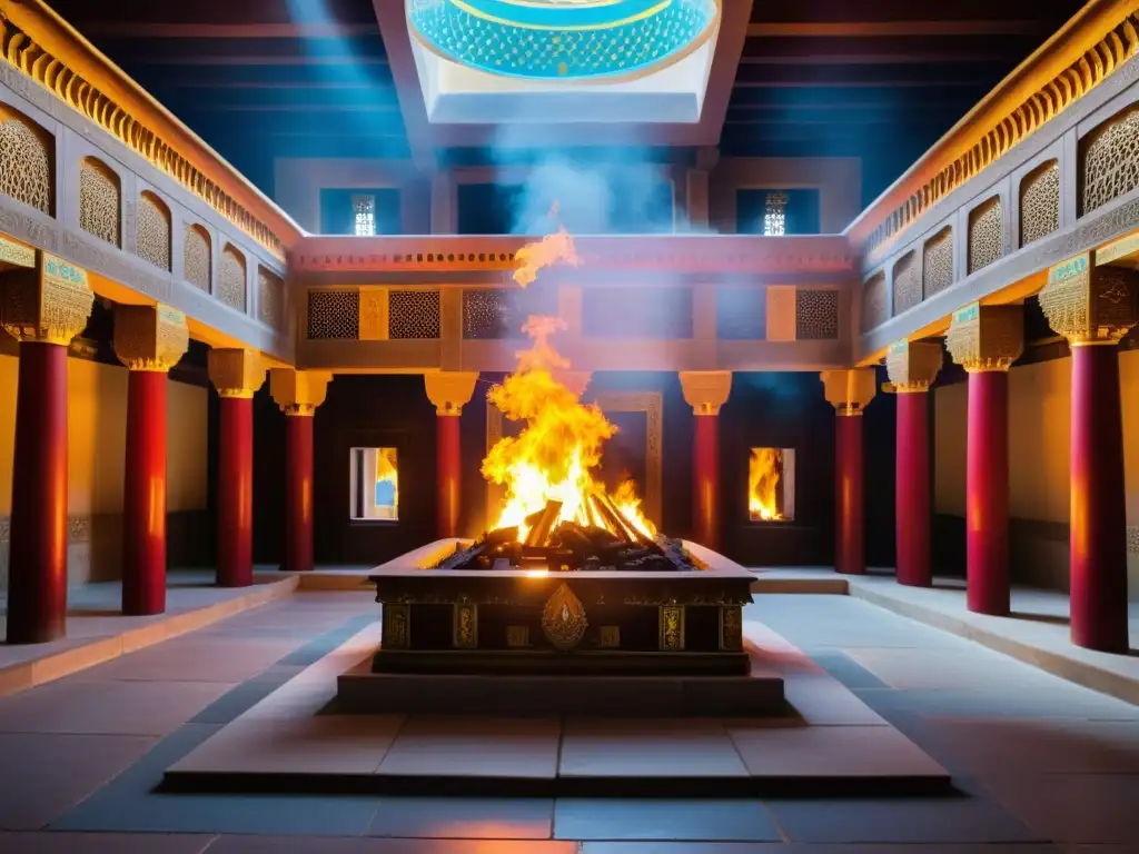 Una imagen vibrante de un templo del fuego zoroastriano, con llamas sagradas iluminando la arquitectura ornamental y símbolos religiosos, creando una atmósfera de devoción espiritual y cosmología dualista zoroastrismo