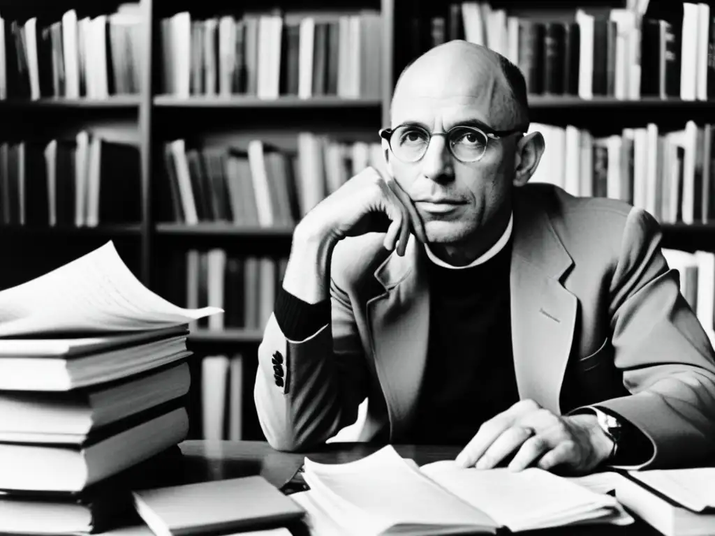 Imagen vintage de Michel Foucault en su escritorio, reflejando su intensidad intelectual