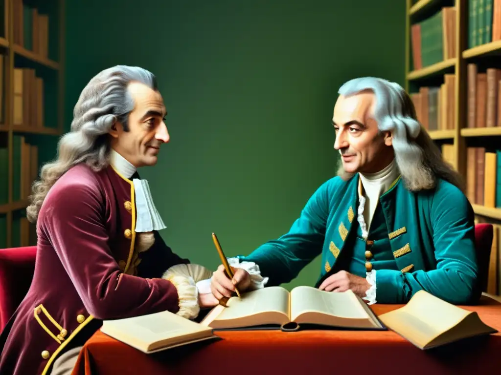 Imagen de Voltaire y Rousseau inmersos en un animado debate filosófico, rodeados de libros y papeles, reflejando el pensamiento ilustrado