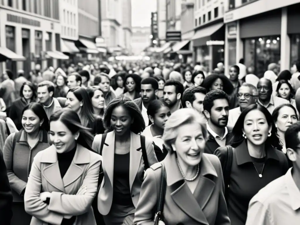 Una impactante fotografía en blanco y negro de una concurrida calle de la ciudad, capturando la complejidad de la existencia humana