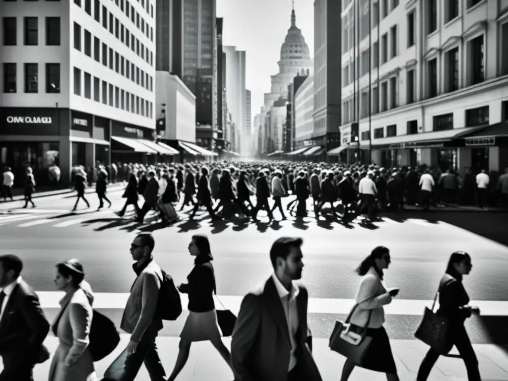 Una impactante fotografía en blanco y negro de una concurrida calle de la ciudad, capturando la lucha existencial individual en un entorno urbano