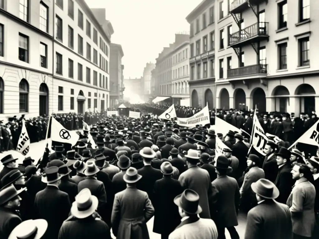 Una impactante fotografía en blanco y negro de manifestantes anarquistas marchando en las calles del siglo XX