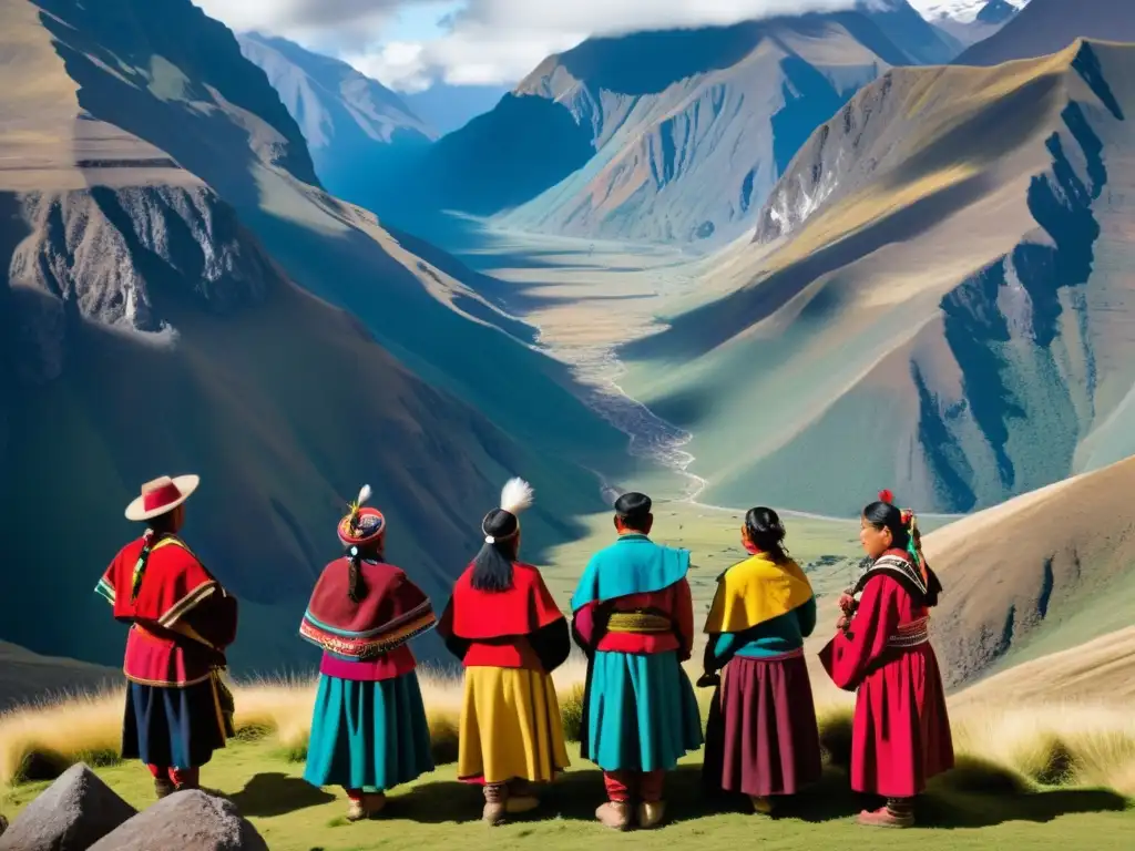 Fotografía impactante de ceremonia andina en las montañas, con colores vibrantes y conexión espiritual con Pachamama