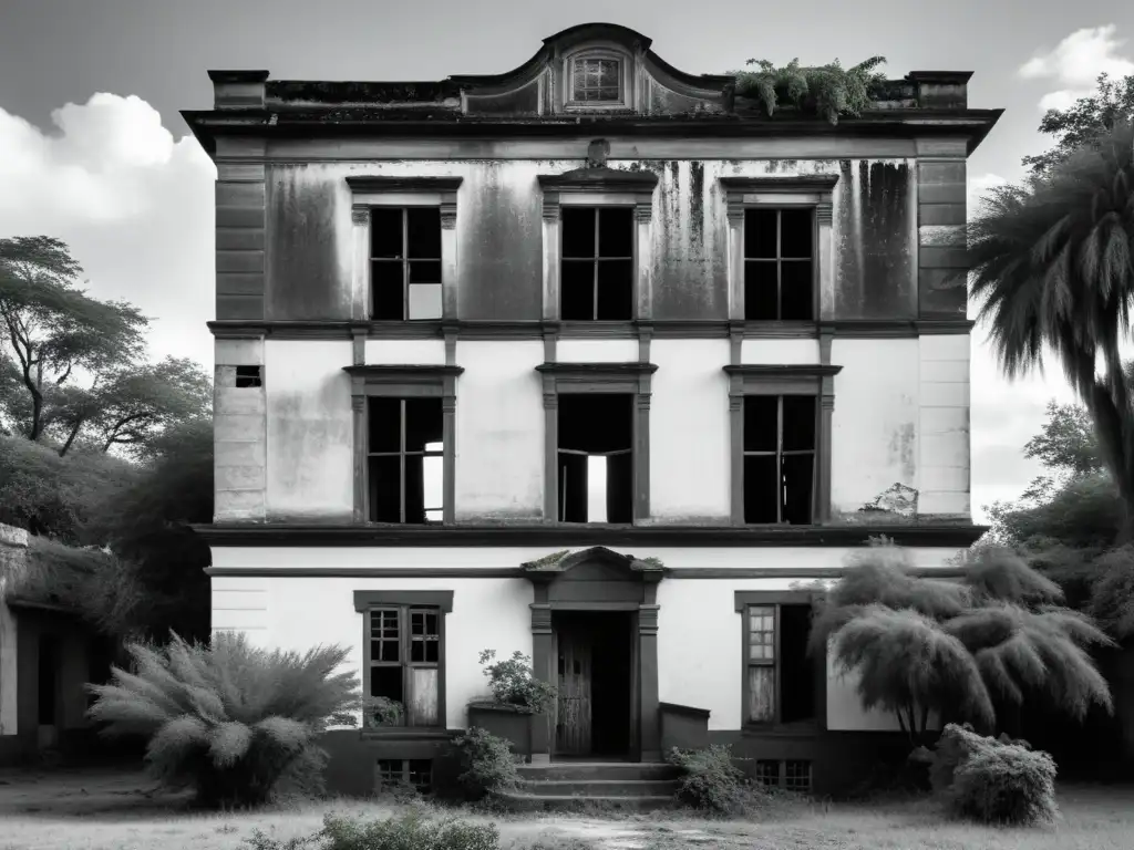 Una impactante imagen en blanco y negro de un edificio colonial en ruinas, rodeado de vegetación, evocando espacios de memoria postcolonial