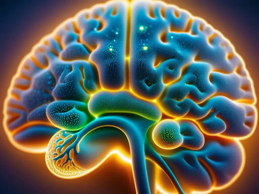 Una impactante imagen de un cerebro humano con intrincados detalles de las vías neuronales y sinapsis, superpuesta con una representación translúcida de la compleja red de partículas y campos de energía de la física cuántica, evocando los diálogos filosóficos entre neuroci