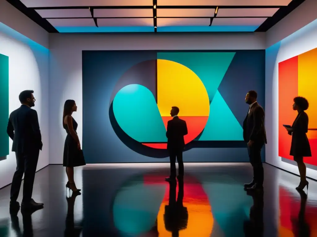 Una impactante instalación de arte abstracto con formas geométricas y colores vibrantes, iluminada dramáticamente