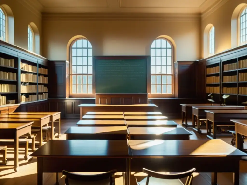 Impacto del Iluminismo en educación: Aula histórica del siglo XVIII con libros, pupitres y un ambiente de aprendizaje enérgico