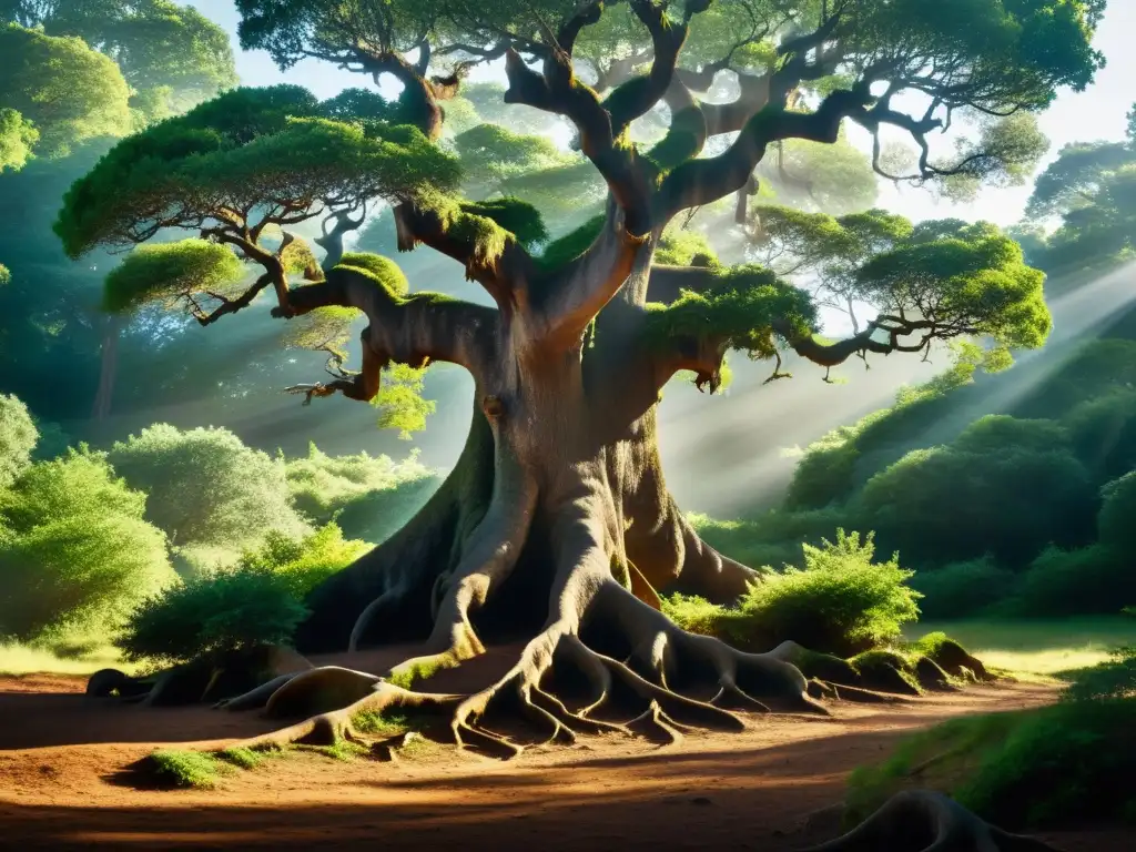 Imponente árbol ancestral con raíces profundas y ramas retorcidas, bañado por la luz del sol