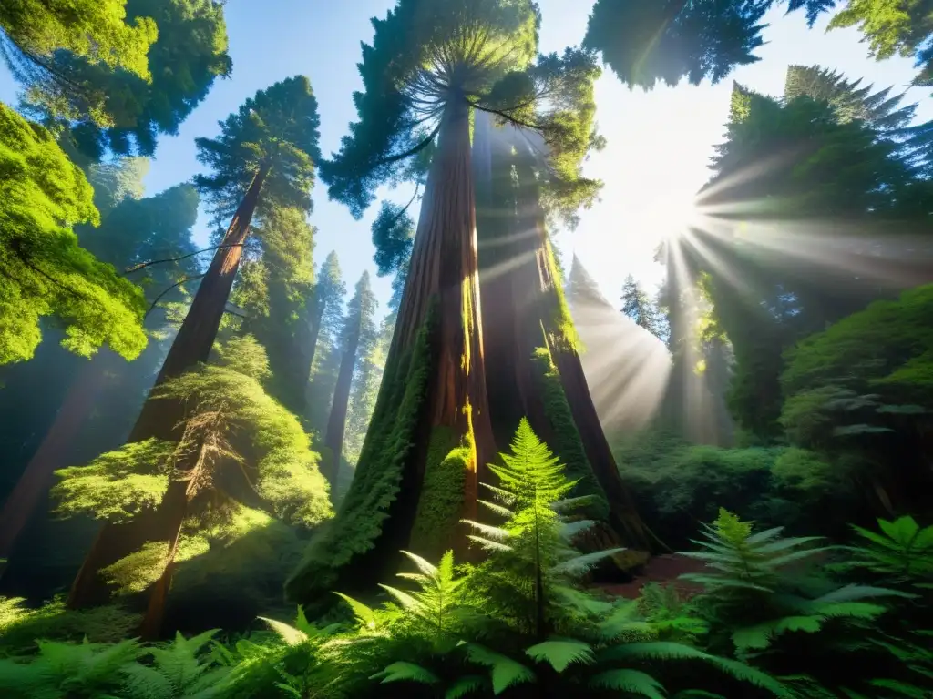Imponente árbol de secuoya en un bosque vibrante, iluminado por el sol