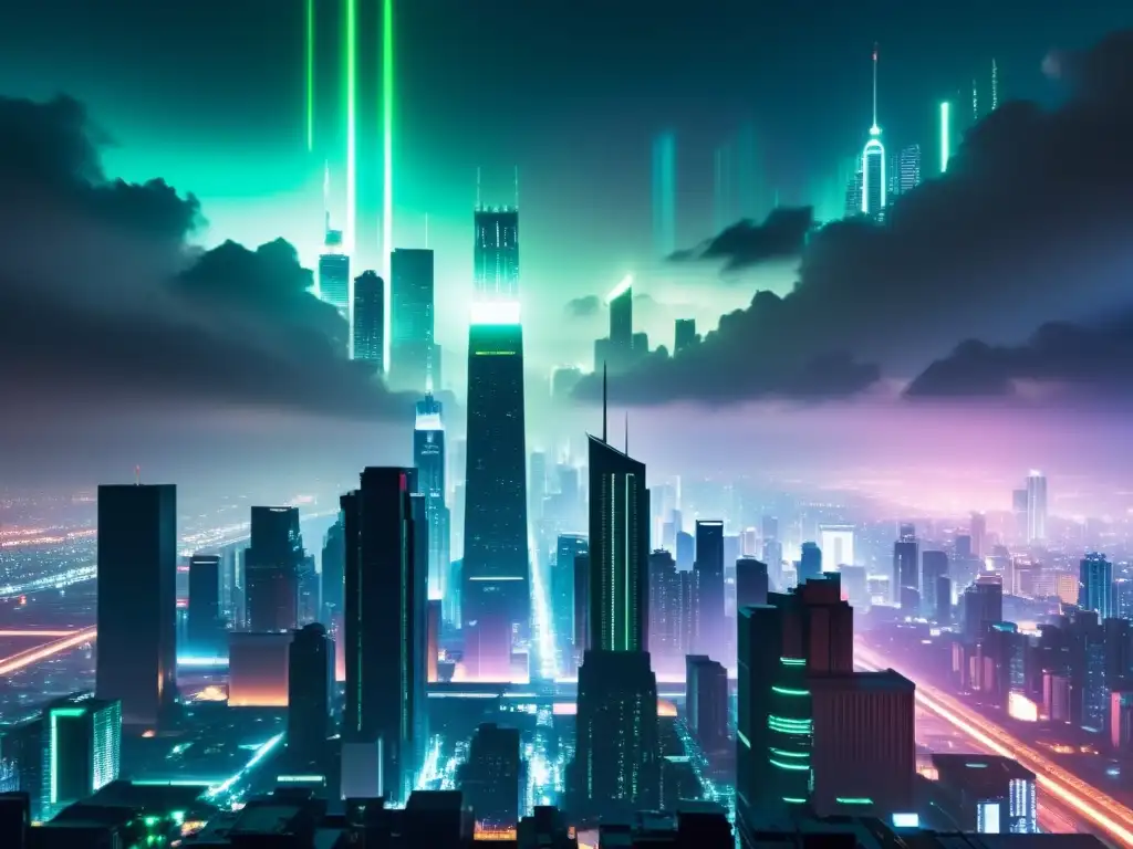 Imponente ciudad futurista con luces de neón y hologramas, evocando el análisis filosófico de The Matrix