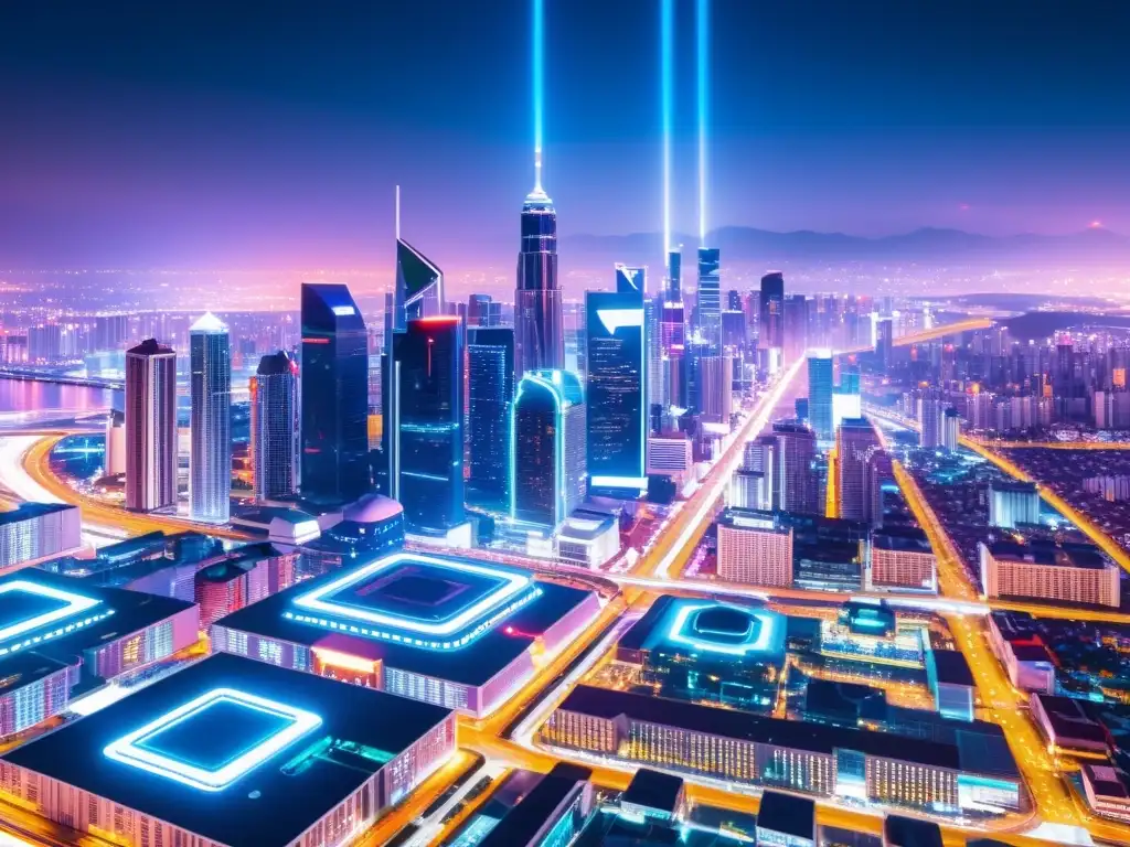 Imponente ciudad futurista de noche con luces de neón, integrada con tecnología de vigilancia avanzada