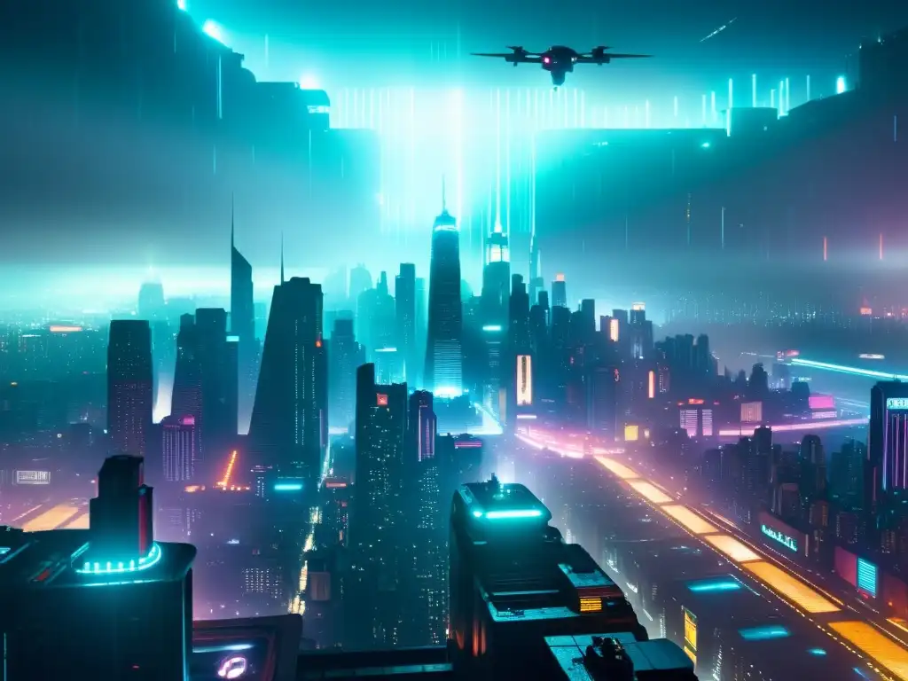 Imponente ciudad futurista de Blade Runner, con rascacielos, neón y caos, reflejando la reflexión filosófica en Blade Runner