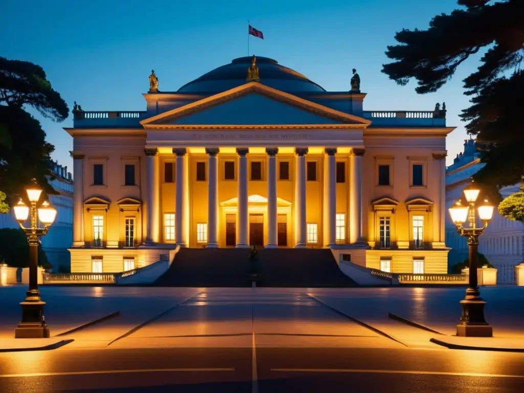 Imponente edificio neoclásico iluminado por farolas al anochecer, reflejando la estética nueva del Iluminismo en las artes