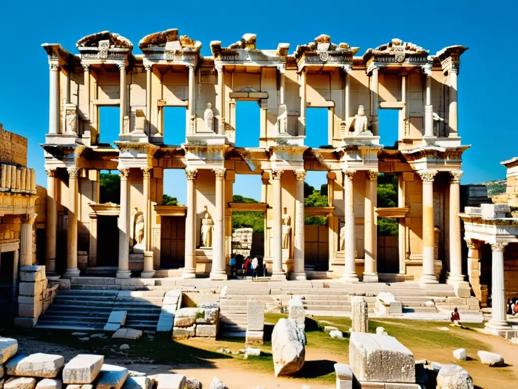 La imponente fachada de la Biblioteca de Celso en las ruinas de Éfeso, con visitantes explorando el sitio, bajo un cielo azul claro
