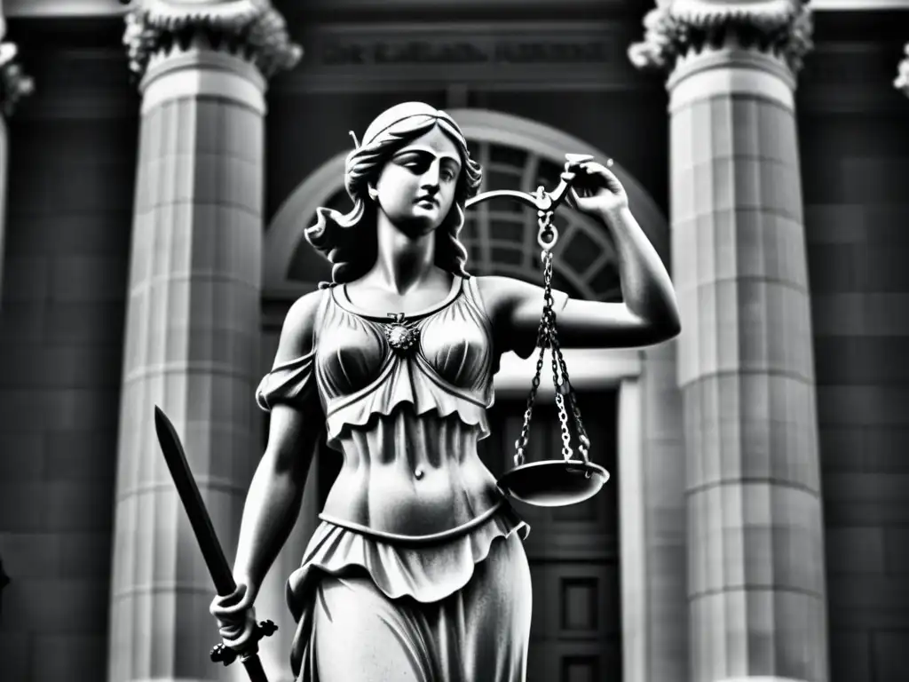 Imponente representación de la justicia en arte: Lady Justice con balanza y espada, frente a majestuoso tribunal