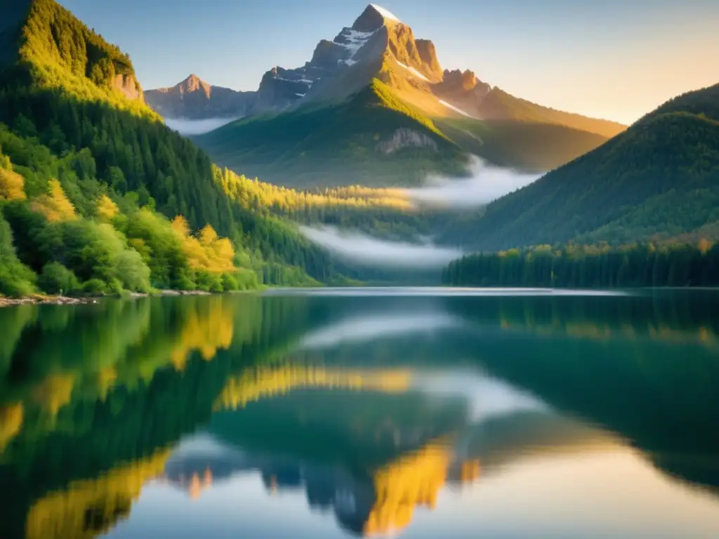 Imponente montaña reflejada en lago sereno al amanecer, comparación platonismo advaita vedanta