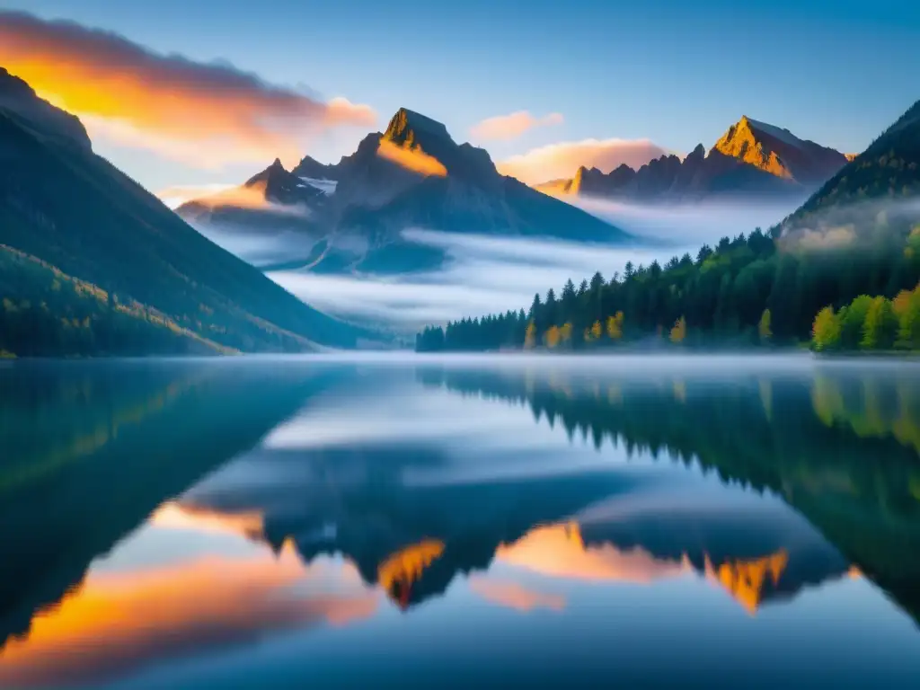 Imponente paisaje montañoso con lago tranquilo al amanecer