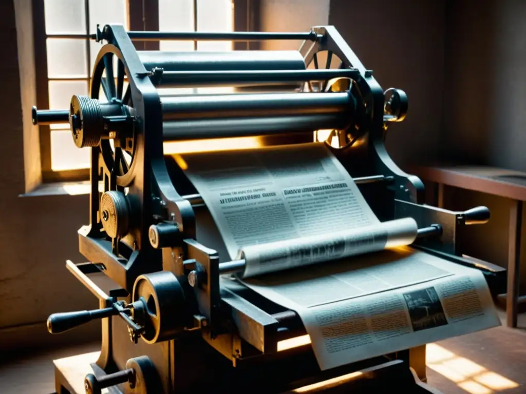 Una imponente prensa de imprenta vintage en una habitación tenue, evocando la historia y tradición del Nietzsche Eterno Retorno Era Digital