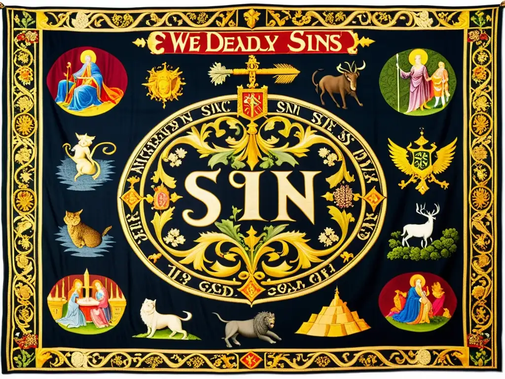 Una imponente tapicería medieval muestra el Poder de los Siete Pecados Capitales en escenas detalladas y colores vibrantes