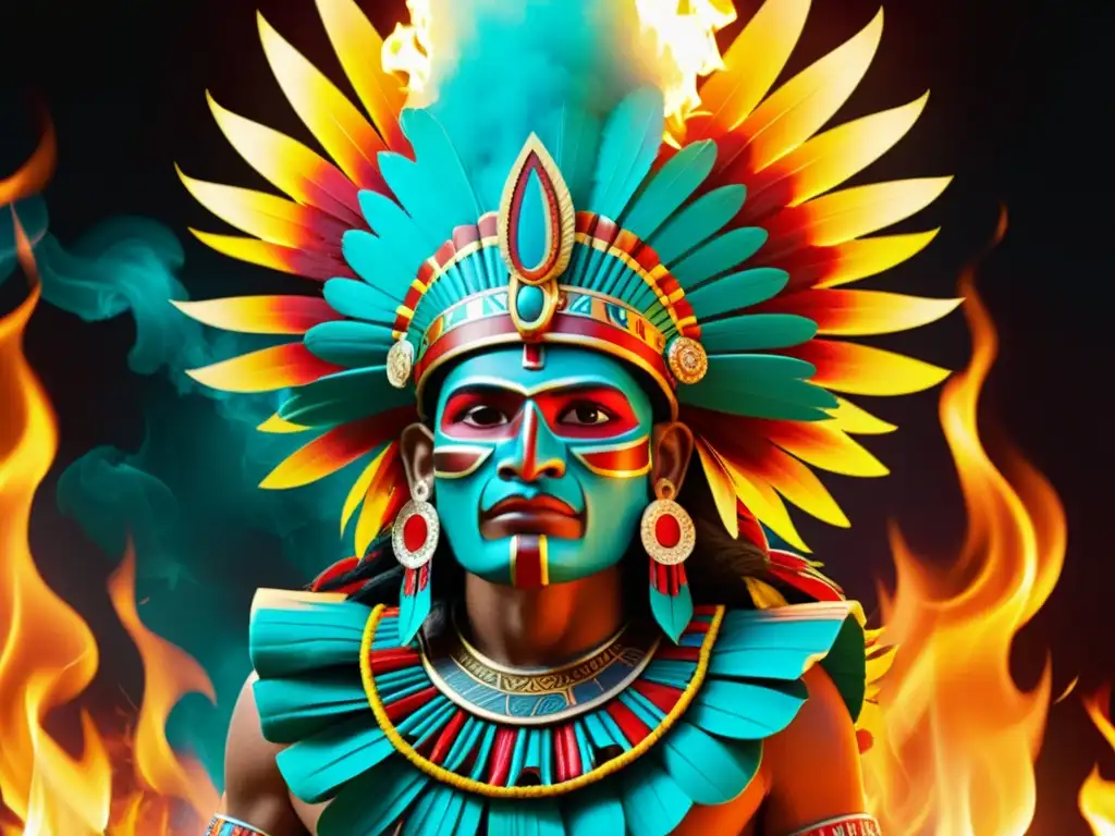 Imponente representación del dios azteca Xiuhtecuhtli ante una vibrante llama, evocando renacimiento y purificación en cosmovisión Azteca