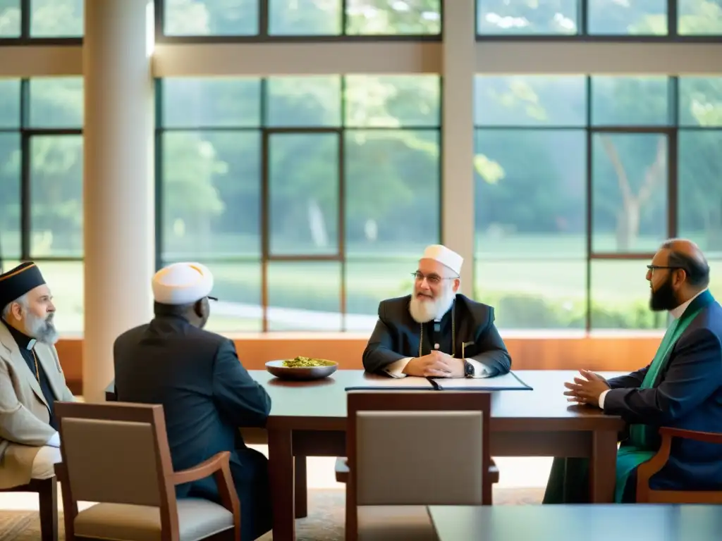 Importancia del diálogo interreligioso: Líderes religiosos de diferentes credos dialogan con respeto en una sala serena