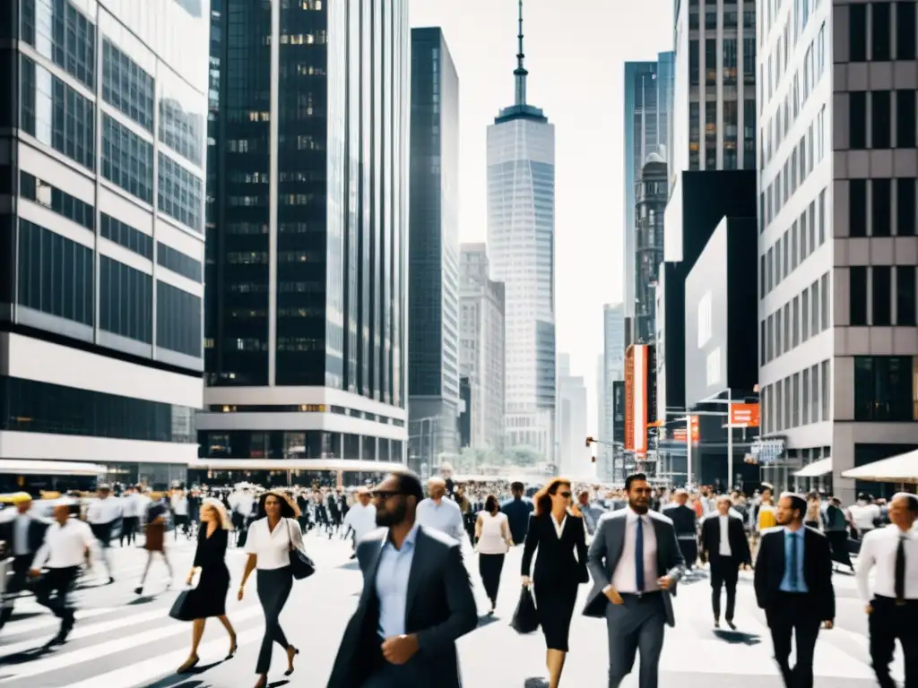 'Importancia ética empresarial mercado global: Ajetreo en la ciudad, personas de negocios y casual, rascacielos imponentes