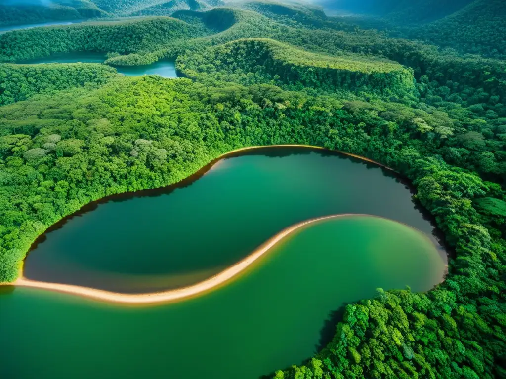 Una impresionante fotografía aérea de un exuberante y virgen bosque lluvioso, con un ecosistema vibrante y diverso