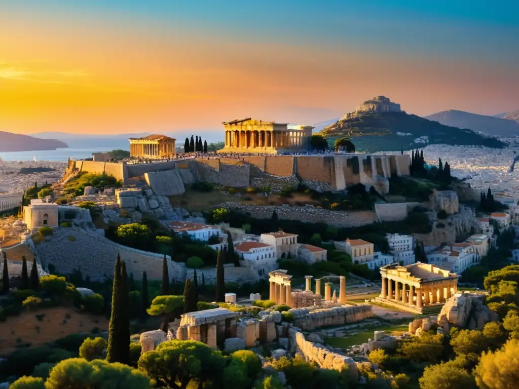 Impresionante atardecer en Atenas con el Partenón y la Acrópolis, capturando la esencia de los Juegos de estrategia filosofía griega