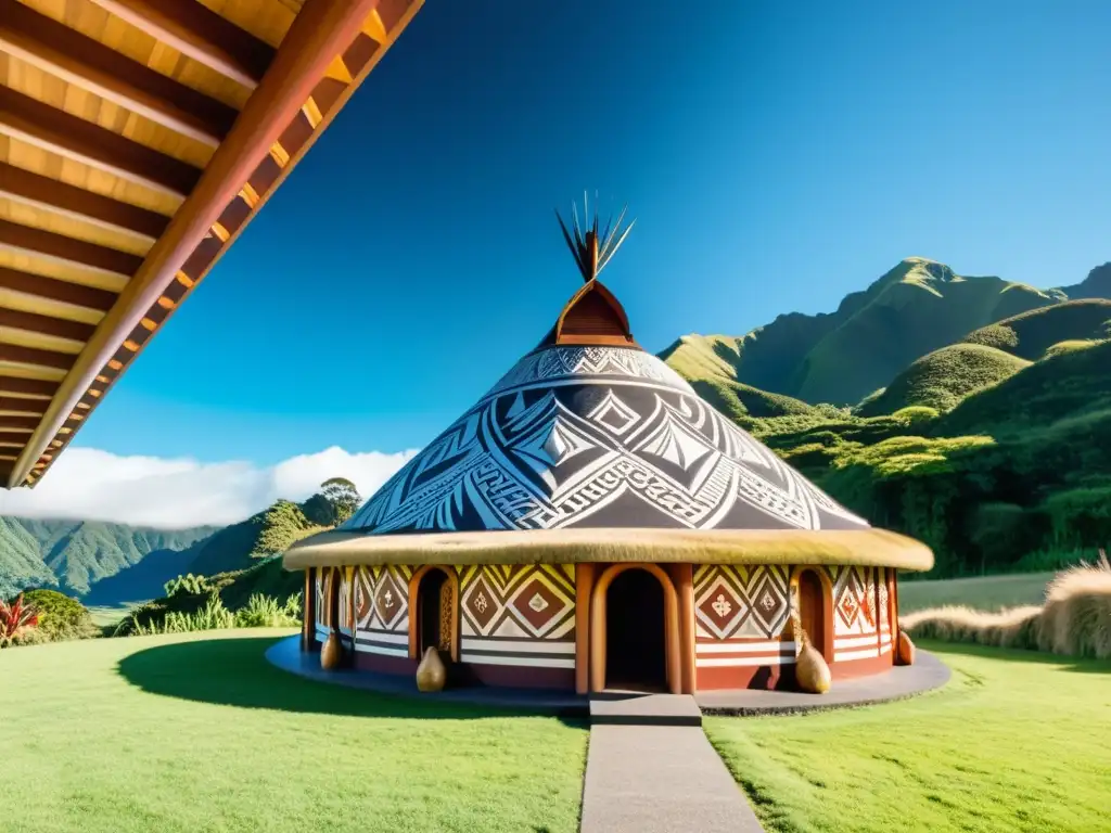 Una impresionante casa de reuniones Maorí, tallada con diseños simbólicos en tonos tierra