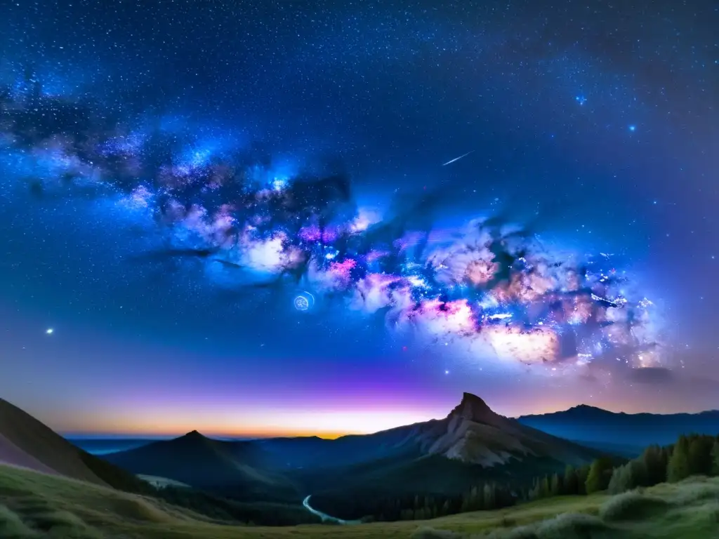 Una impresionante fotografía de la Vía Láctea en el cielo nocturno, con tonos vibrantes de morados, azules y rosas