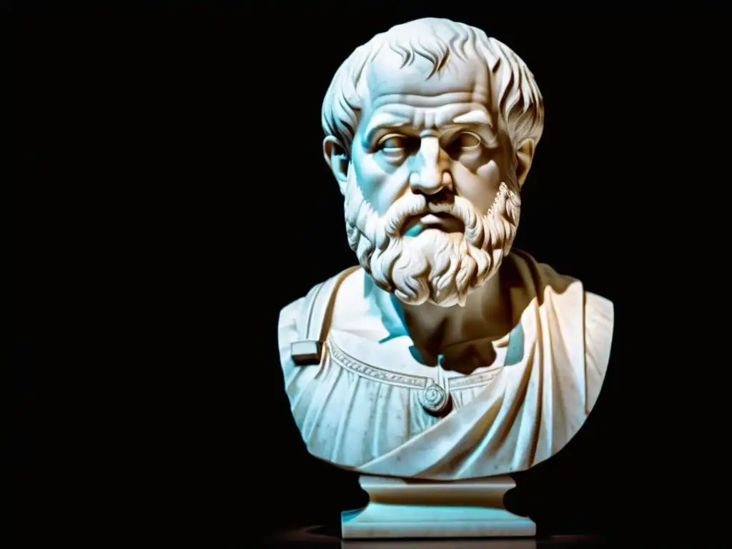 Una impresionante escultura en mármol de busto de Aristóteles, iluminada dramáticamente para resaltar sus rasgos faciales y expresión de sabiduría