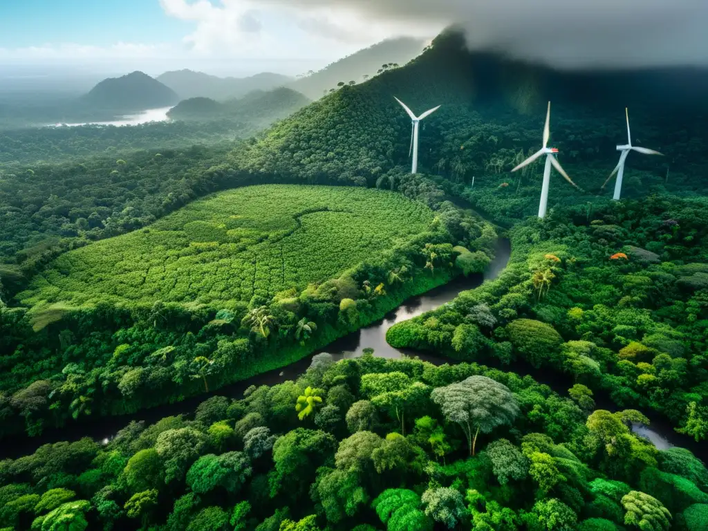 Una impresionante imagen de alta resolución de un exuberante y biodiverso bosque lluvioso, con tecnología sostenible integrada en armonía