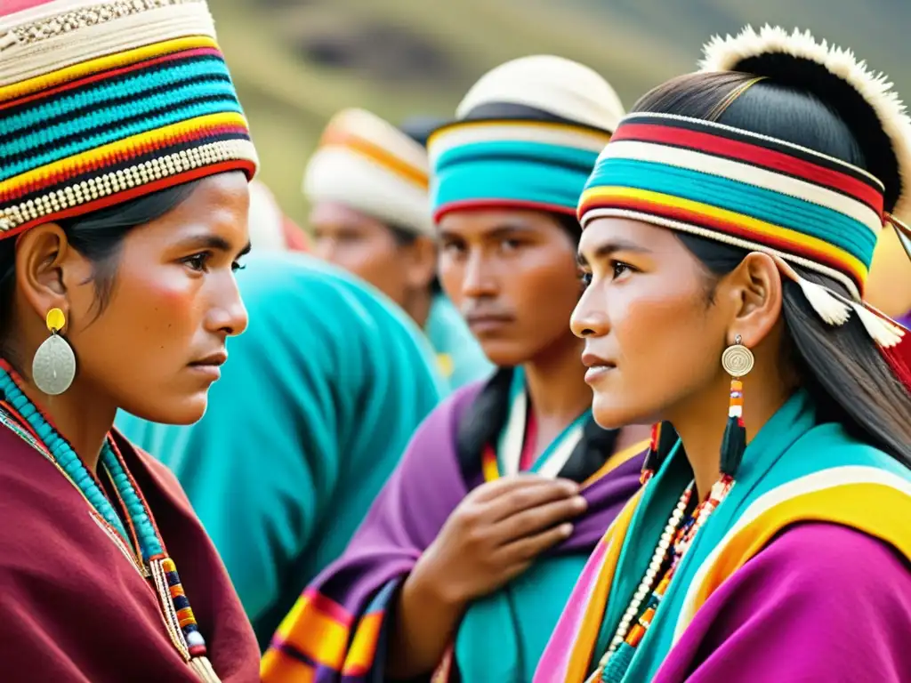Una impresionante imagen de una ceremonia cultural Quechua, con tejidos coloridos, ornamentos y la filosofía viva del idioma Quechua