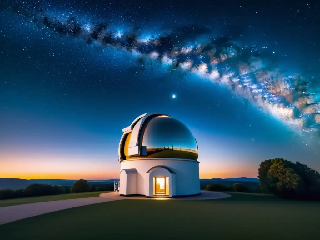 Una impresionante imagen de un observatorio moderno de noche con la Vía Láctea en el cielo