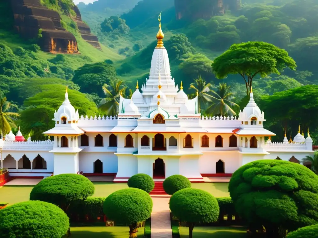 Una impresionante imagen de un templo jainista con intrincadas tallas y colores vibrantes, rodeado de exuberante vegetación