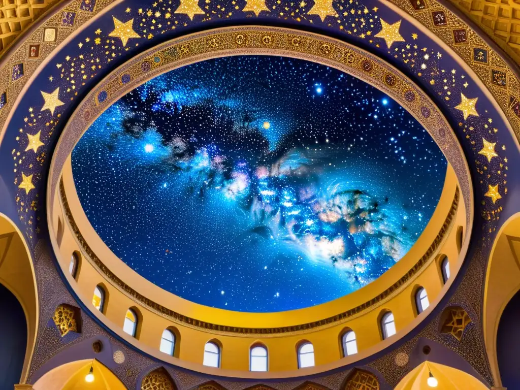 Un impresionante mosaico celeste en una cúpula de una mezquita, reflejando el significado y propósito en cosmología islámica