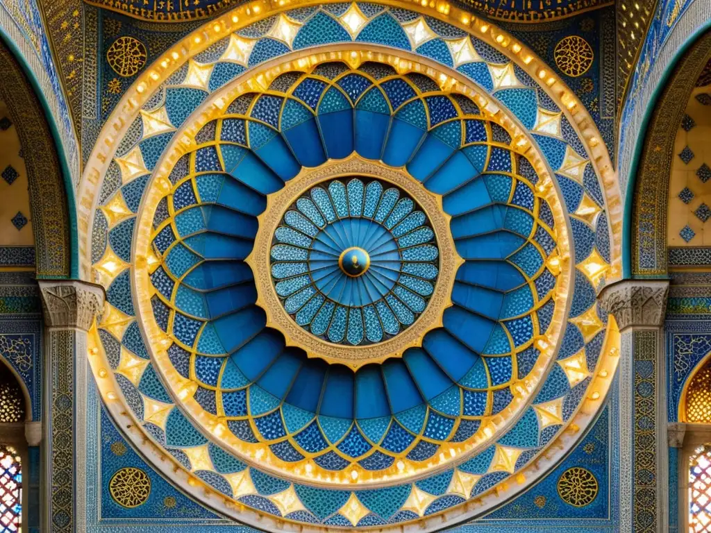 Un impresionante patrón geométrico de azulejos azules y dorados adorna el interior de la Mezquita Azul en Estambul, Turquía