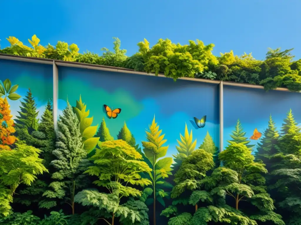 Una impresionante pintura mural de una exuberante y viva selva, con animales y un cielo azul