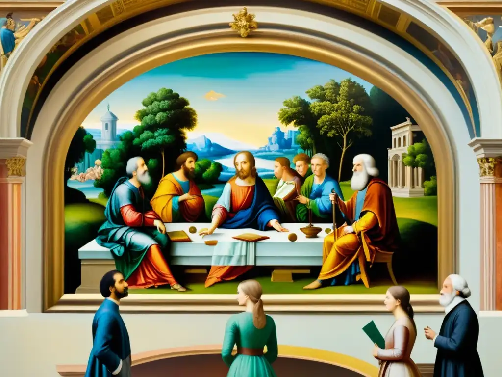 Una impresionante pintura renacentista que representa la historia de la filosofía occidental con ricos colores y detalles intrincados