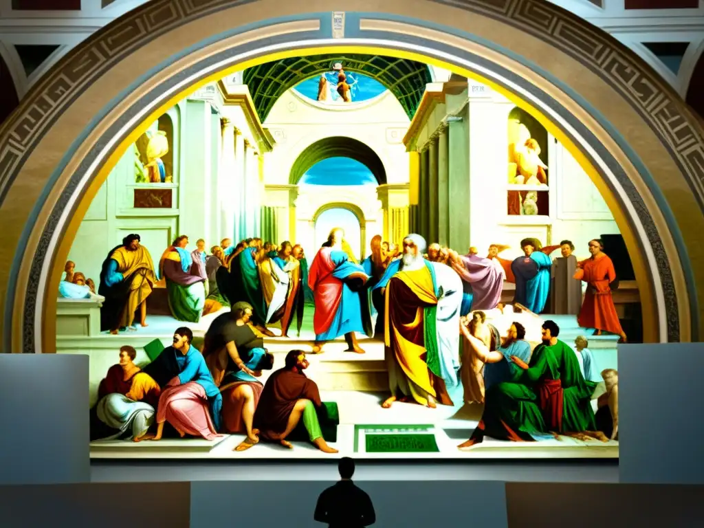 Una impresionante representación en 8k del fresco 'La Escuela de Atenas' de Rafael, mostrando a filósofos discutiendo