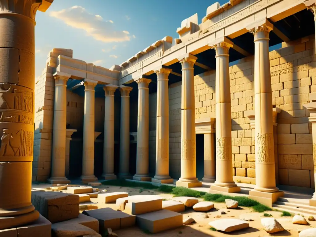 Impresionante ruina de la Biblioteca de Alejandría, evocando la historia de la filosofía occidental, con sus antiguos pilares y paisaje